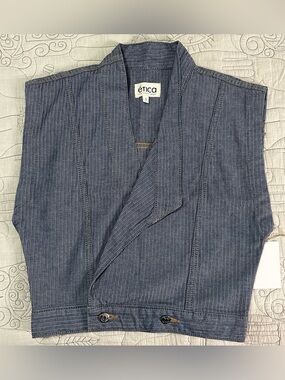 Etica Delia Wrap Vest Small Riverglass Herringbone Denim Crop Top NWT $168